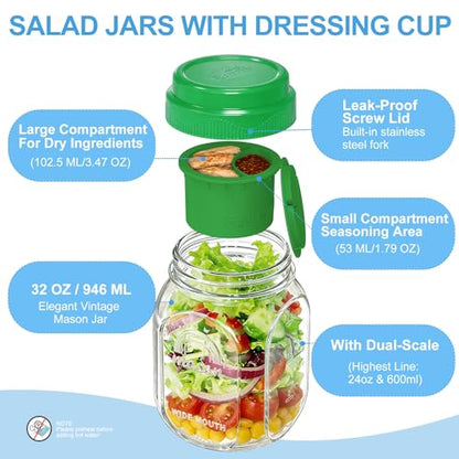 [UPGRADE] 2 Pack Salad Jars with Silicone Dressing Cup, 32 Oz Salad Container for Lunch Meal Prep w Foldable Fork, Separation Divider for Dry Food & Wet Sauce, Salad Pod On The Go for Overnight Oats