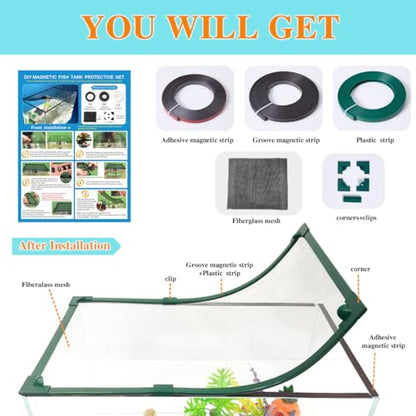 Magnetic Fish Tank Lid Green Frame Grey Fiberglass Mesh, DIY Fish Tank Cover Adjustable Size Fit Tank Size Max 35''X19'' for Preventing Fish from Jumping Out and Reptile Escaping - color: Green Frame Grey Fiberglass Net