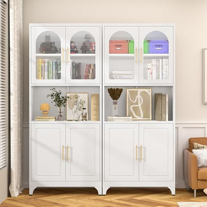 SteeLoong Metal Kitchen Pantry Storage Cabinet，75" Tall Storage Cabinets with 4 Doors and Adjustable Shelves ，White Hutch Cabinet with Microwave Stand,Large Kitchen Cupboard for Dining Room