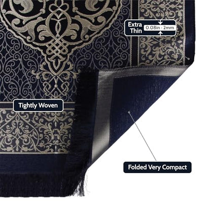 Islamic Prayer Gift Set for Men – Velvet Prayer Mat, Tasbih Beads, Yaseen Book – Muslim Prayer Essentials – Ramadan Eid Gift - color: Dark Blue