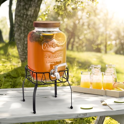 Mustry Glass Drink Dispenser for Parties, 1 Gallon Beverage Dispenser with Stand and Spigot Solid Stainless Steel, Used as Lemonade Dispenser Sun Tea Jar Kombucha Jar - size: Single, with Stand