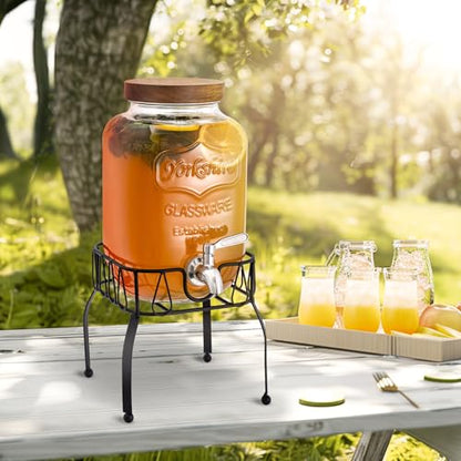Mustry Glass Drink Dispenser for Parties, 1 Gallon Beverage Dispenser with Stand and Spigot Solid Stainless Steel, Used as Lemonade Dispenser Sun Tea Jar Kombucha Jar - size: Single, with Stand