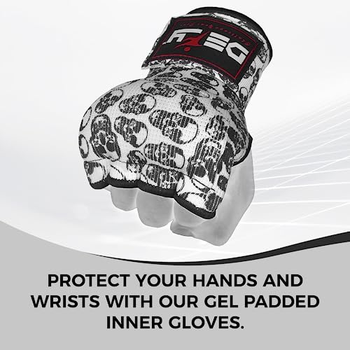 DEFY Padded Inner Gloves Quick 75cm Long Strap – Inner Boxing Gloves Gel Padded Knuckle Protection – Elasticated Boxing Hand Wraps for MMA Muay Thai Kickboxing Martial Arts Pair - color: Skulls, size: X-Large