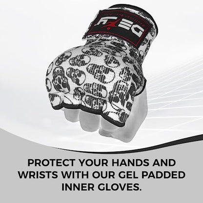 DEFY Padded Inner Gloves Quick 75cm Long Strap – Inner Boxing Gloves Gel Padded Knuckle Protection – Elasticated Boxing Hand Wraps for MMA Muay Thai Kickboxing Martial Arts Pair - color: Skulls, size: X-Large