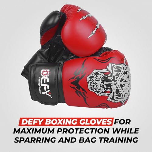 Defy Sports Boxing Gloves for Men and Women - Premium Quality Faux Leather Kick Boxing Gloves – Gel Infused Kickboxing Gloves with Thumb Support - Versatile Usage – Skull Model Design - size: 12 oz