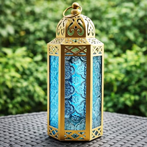Vela Lanterns Decorative Indoor Moroccan Candle Holder, Gold Blue, M - color: Gold/Blue, size: Medium