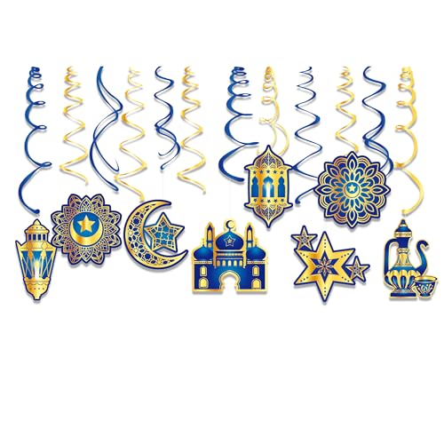 30Pcs Ramadan Mubarak Hanging Swirls- Blue and Gold Ceiling Swirls Hanging Streames for Eid Ceiling Whirl Birthday Baby Shower Party Decorations