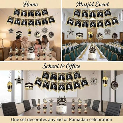 31pcs Eid Mubarak Decorations Set - Black and Gold Ramadan Party Supplies including Banner, Hanging Swirls for Muslim Islamic Eid Al-Fitr Home Wall Décor