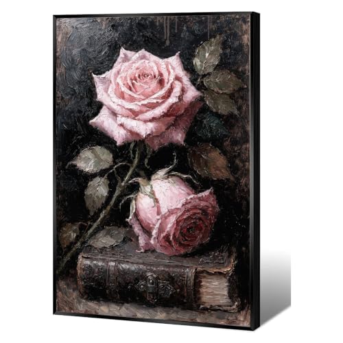 Vintage pink rose antique book oil painting, with thick brushstrokes on canvas, dark-toned floral still life, Gothic aesthetic style, suitable for bedrooms, living rooms, studies, etc - color: Nature1, size: 8x12in Black Framed