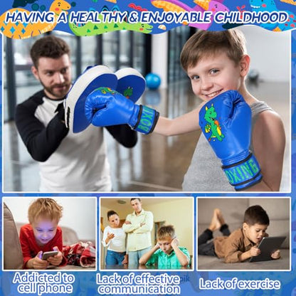 Boxing Gloves and Punching Mitts Set 4oz Gloves Boxing Pads Kids Youth Sparring Gear Training Equipment for Taekwondo Kick Karate Muay Thai MMA Martial Art - style: Blue Dragon