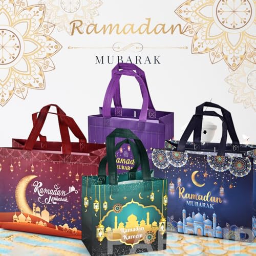 16PCS Ramdan Mubarak Reusable Gift Bags, Assorted Size Treat Bags with Handles, Ramadan Mubarak Party Bags, Multifunctional Non-Woven Ramadan Bags for Gifts Wrapping, Ramadan Kareem Party Supplies
