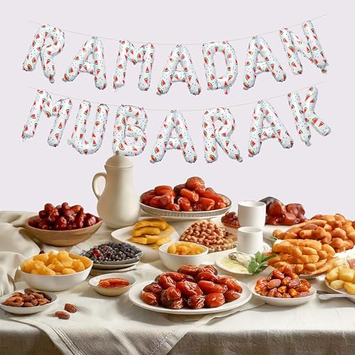 White Watermelon Ramadan Mubarak Foil Letter Balloons | Ramadan Palestine Themed Decoration by My Salah Mat Official Web Store - style: Ramadan Foil Balloons (White)