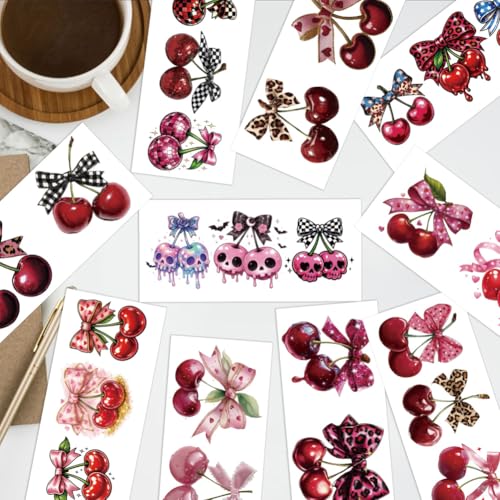 arricraft 10 Sheets Fruit Theme UV DTF Cup Wrap for 16OZ Glass, Bow Cherry Rub on Decals PVC Transfer Stickers for DIY Cups Window Home Printing Decoration 24x11cm/9.4x4.3inch - style: Bow Cherry Theme