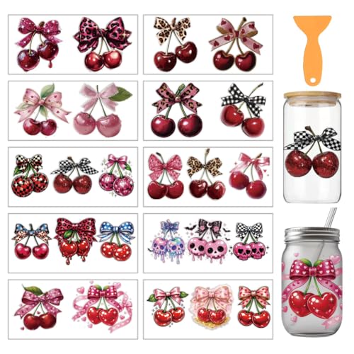 arricraft 10 Sheets Fruit Theme UV DTF Cup Wrap for 16OZ Glass, Bow Cherry Rub on Decals PVC Transfer Stickers for DIY Cups Window Home Printing Decoration 24x11cm/9.4x4.3inch - style: Bow Cherry Theme