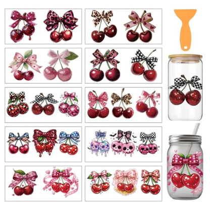 arricraft 10 Sheets Fruit Theme UV DTF Cup Wrap for 16OZ Glass, Bow Cherry Rub on Decals PVC Transfer Stickers for DIY Cups Window Home Printing Decoration 24x11cm/9.4x4.3inch - style: Bow Cherry Theme