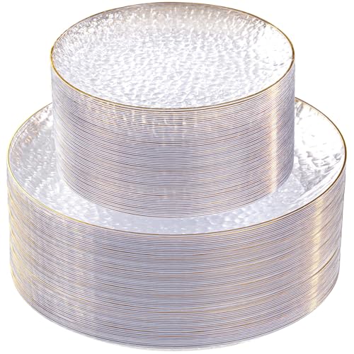 SUT 100Pcs Clear Plastic Plates, Hammered Plates Disposable Heavy Duty, Clear Disposable Plates With Gold Rim, Fancy Plastic plates Include 50 Dinner plate and 50 Dessert plate for Wedding - color: Clear, size: 100PCS