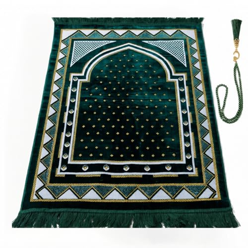Velvet Muslim Prayer Mat Set, Soft Salah Rug, Islamic Gift for Men & Women (Green) - color: Green