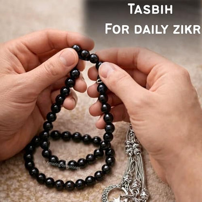 Amazing Gemstone Black Tourmaline Tasbeeh with Moon and Star Charm - Certified Crystal Muslim Prayer Beads Natural Gemstone Tasbih for Ramadan Dhikr and Daily Namaz (S) - color: Black Tourmaline