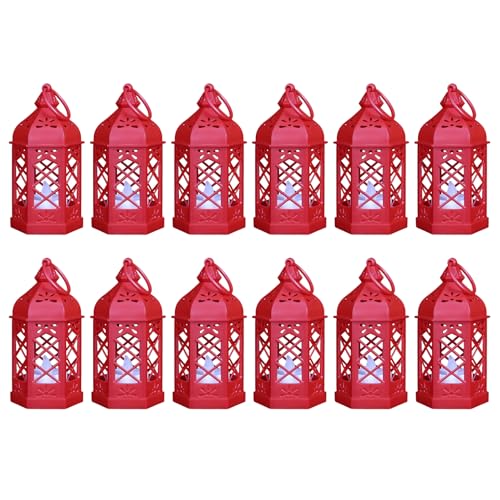 12-Pack Mini Lanterns for Ramadan, Christmas, Small Decorative Lanterns with Flickering LED Candle for Enchanted Forest Wedding Decor, Moroccan Lantern for Table Centerpiece & Ornament, Red - color: Red(Solid Plastic)