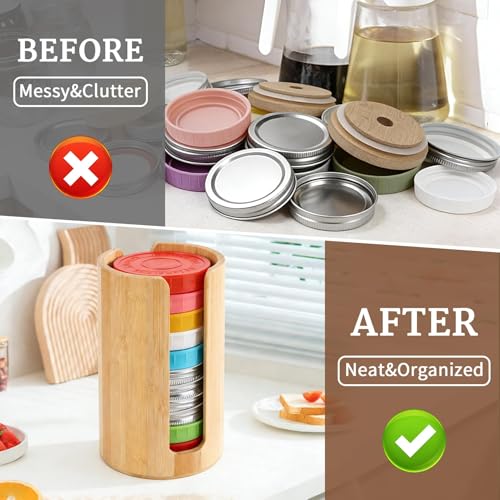 2 Pack Bamboo Mason Jar Lid Organizer for Wide & Regular Mouth Lids | Wide & Regular Mouth • Lid Holder & Organizer • Countertop Storage • Cabinet & Pantry Use • Easy Access • Space Saving