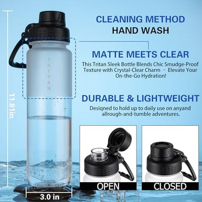 OLDLEY 32 oz Water Bottle with Handle, BPA-Free Tritan Reusable Sports Water Bottle with Leak-Proof Dust Lid, Wide Mouth, Cup Holder Friendly, Half Frosted Clear Bottle for Gym, Travel, Work,Clear - color: Clear