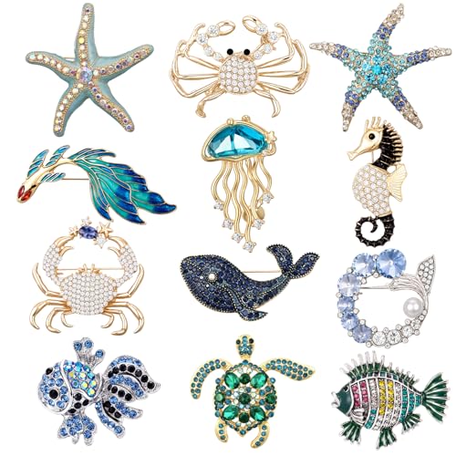 Junkin 12 Pcs Women Brooches Bulk Set Rhinestone Pin Crystal Vintage Brooch Retro Pin Women Girls Gifts for Christmas - style: Ocean