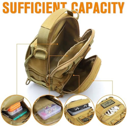 Small Fishing Backpack, Waterproof Fly Fishing Sling Pack Tackle Bag with Tackle Boxes - color: B-Khaki(Size:17.7*8.5*5.7in)