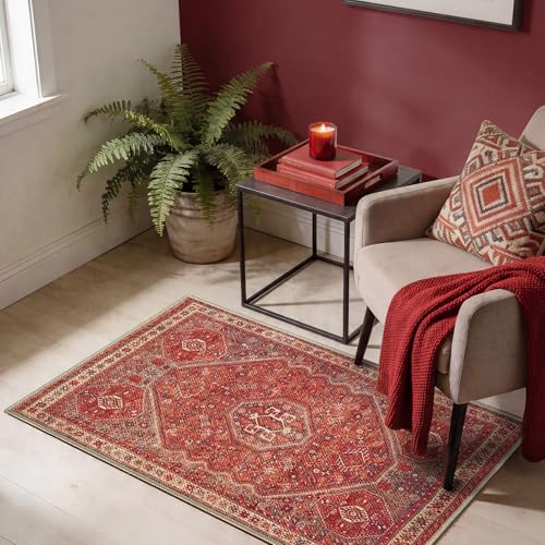 Keen Home Design Vintage Washable Entryway Rug, Non-Slip Low Pile, 2x3 - color: Red/Brown, size: 2' x 3' (Rectangular)
