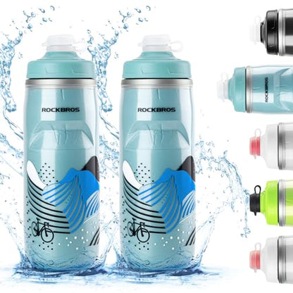 ROCKBROS Bike Water Bottle, 21oz Insulated Cycling Squeeze Bottle | 21oz Insulated Bike Bottle Keeps Drinks Cold for Hours, with Soft Squeeze Design, Leakproof Spout and Universal Cage Fit - color: Blue*2 Pack