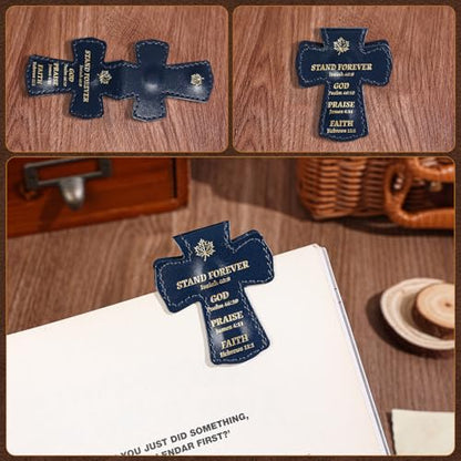 4 PCS Cross Shaped PU Leather Magnetic Bookmarks, Christian Bible Verse Clips with Gold Foil Stamping & Faith Quotes, Leather Book Markers, Religious Gift for Readers, Students & Church Members - style: Christian Bible Verse