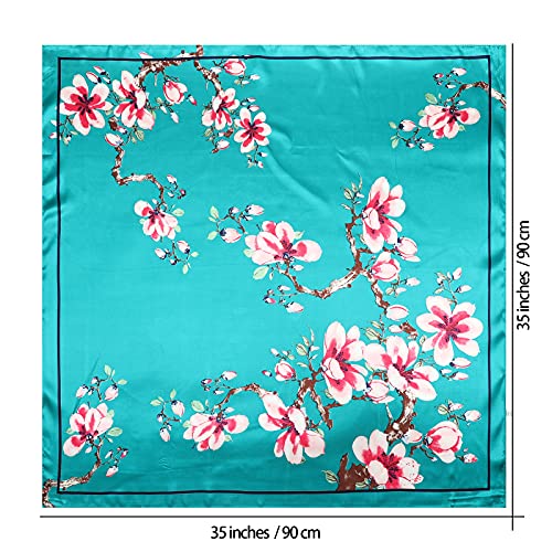 AWAYTR 35” Large Satin Square Head Scarf - 2Pcs Silk Like Floral Head Scarves Square Satin Hair Scarf Bandanas for Women - color: Flower(ha Cyan/Navy)