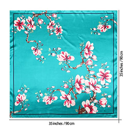 AWAYTR 35” Large Satin Square Head Scarf - 2Pcs Silk Like Floral Head Scarves Square Satin Hair Scarf Bandanas for Women - color: Flower(ha Cyan/Navy)