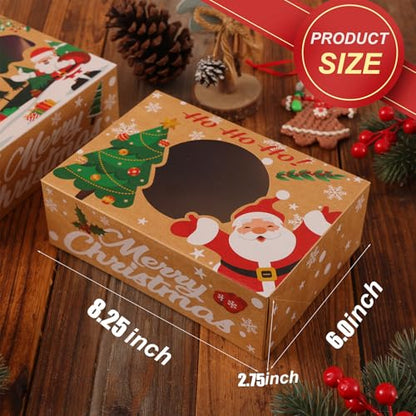 24 Pack Christmas Cookie Boxes - 8.25"x6"x2.75" Brown Kraft Bakery Box with Window for Holiday Treats, Gift Exchange Box for Baked Goods, Cookie Tins with Lids for Gift Giving - color: Christmas-Brown