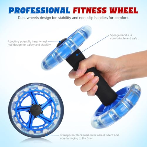 Dual Ab Roller Wheel For Core Strength Double Abdominal Exercise Machine Stomach Workout Equipment Gear Tummy Shaping Trainer Non Slip Handles Blue Men Women 7.87 Inches