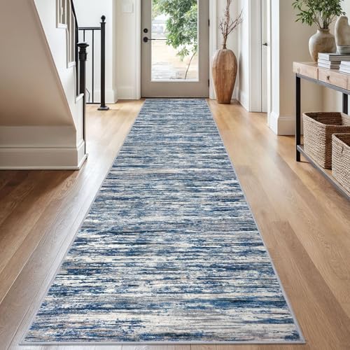 SIILOOM 2.6x16 Washable Runner Rug, Non Slip Area Rug for Hallway Kitchen - color: Navy Blue/Gray/Neutral/Multi, size: 2'7" x 16' (Runner)