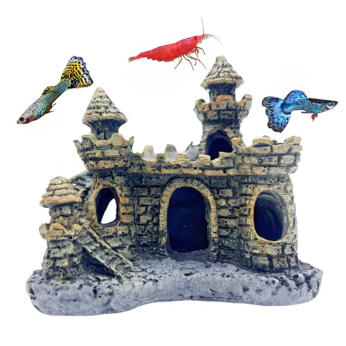 Small Aquarium Castle Decor , Mini Cute Fish Tank Castle Ornaments, Young Little Fish Fish Larvaes Shrimp Hide Caves Hideout for Small Medium Fish Tank Decor Crab Cichlid Betta Tank Decor (Brown)