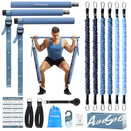 Upgraded Pilates Bar Kit with Resistance Bands Natural Latex for Women & Men, Heavy-Duty Stainless Steel Multifunctional Yoga Pilates Stick for Home Gym Exercise Fitness Equipment Full-Body Workouts - color: Denim Blue