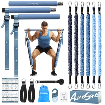 Upgraded Pilates Bar Kit with Resistance Bands Natural Latex for Women & Men, Heavy-Duty Stainless Steel Multifunctional Yoga Pilates Stick for Home Gym Exercise Fitness Equipment Full-Body Workouts - color: Denim Blue