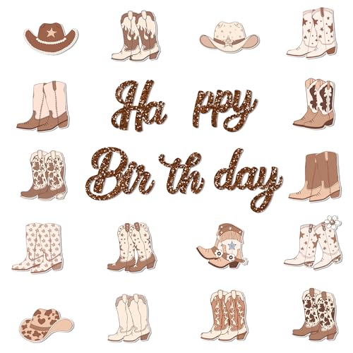 3Pcs Brown Western Cowboy Happy Birthday Banner Cherry Bow Boots Party Hanging Banner Cowboy Theme Birthday Bridal Wedding Baby Shower Boys Girls Kids Home Classroom Party Supplies Decoration - color: Brown