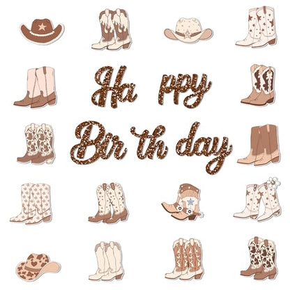 3Pcs Brown Western Cowboy Happy Birthday Banner Cherry Bow Boots Party Hanging Banner Cowboy Theme Birthday Bridal Wedding Baby Shower Boys Girls Kids Home Classroom Party Supplies Decoration - color: Brown