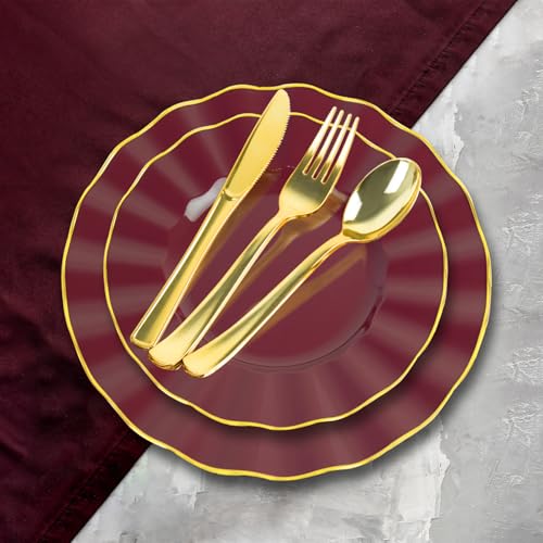 150Pcs Plastic Plates with Gold Rim, Heavy Duty Burgundy Plates for 30 Guests, Plastic Dinnerware Set Include 30 Dinner Plate, 30 Dessert Plate, 90 Gold Cutlery Set for Party (Burgundy) - color: Burgundy