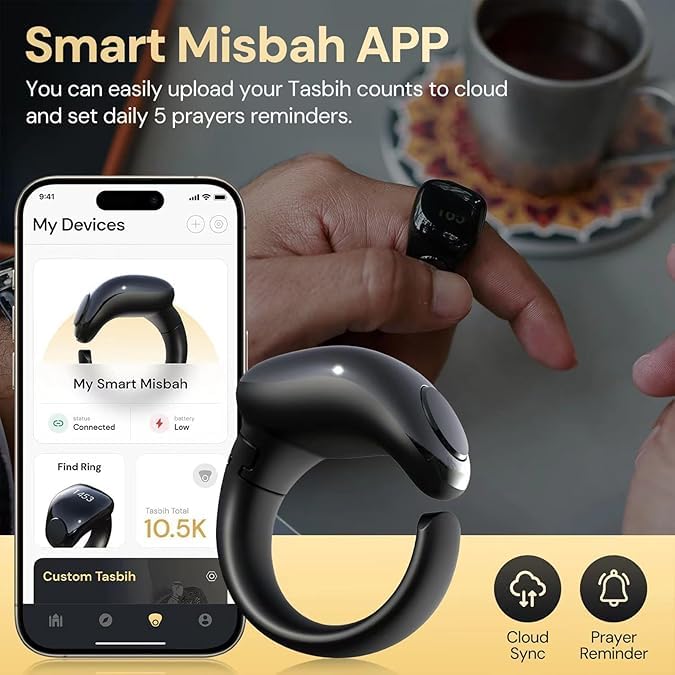 Tasbih Zikr Smart Ring Clock, Adjustable Counter, 3 Sizes (18/20/22mm), APP Support Digital Counter Prayer Reminder Ring, Waterproof 4 Digit Finger Counter Zikr Ring for Muslims (Black)