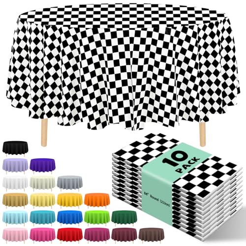 10 Pack Premium Disposable Plastic Tablecloth 84" Round Table Cover for Birthdays Weddings Christmas Anniversary Buffet Table (Black and White Checkered) - color: Black and White Checkered, size: 84" Round
