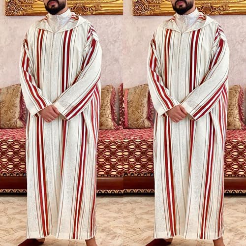 Thobe for Men,Arabic Clothing Men Djellaba Kaftan Middle East Caftan Casual Hooded Striped Robe Jubba Thobe - size: Large