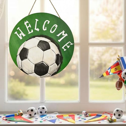 Smile Soccer Welcome Wooden Round Door Hanger, Green Field & Soccer Ball Front Door Sign for Sports Fans & Home Decor - style: Soccer Welcome