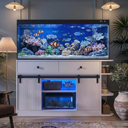 55-75 Gallon Aquarium Stand with Power Outlet & LED Light, Heavy Duty Fish Tank Stand with Sliding Barn Doors, Storage Cabinet for Turtle Tank & Reptile Terrarium, 1200LBS (White-2) - color: White-2
