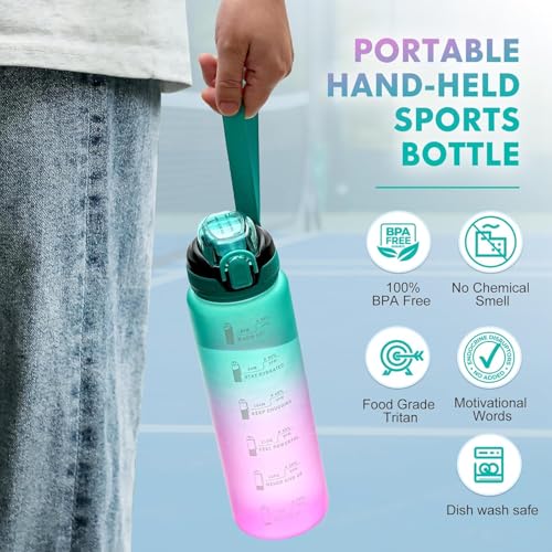 Water Bottle with Straw 1L,Boys Water Bottles with Straw 1 Litre,Waterbottle Leak-Proof Sports Water Bottle,Plastic Drinks Bottles Toxin Free，Bpa-Free (Green Purple) - color: 07-Green Purple