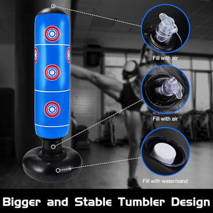 7 Pcs Kids Punching Bag Set Include Boxing Gloves, Inflatable Punching Bag, Hand Wraps, Hand Pads, Air Pump, Kids Boxing Training Set for Karate Kickboxing Taekwondo - color: Blue