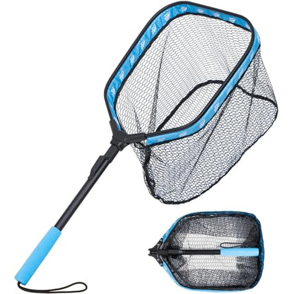 Floating Fishing Net for Fly Fishing, Foldable Landing Net | 31.2" Length, 15"x11.8" Hoop, Fish Net with Rubber Coated Polyethylene Mesh for Bass, Trout, Kayak & Boat Fishing - color: Blue
