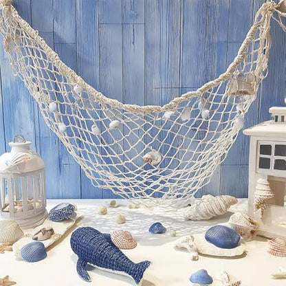 Natural Cotton Fish Net Decorations, 4x6.6 Ft Nautical Party Decor for Hawaiian Pirate Ocean Beach Theme, Halloween Christmas Wall Backdrop Decoration